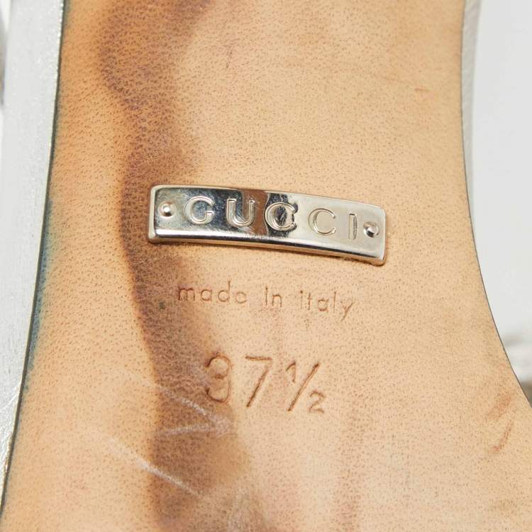 Pre Owned Gucci Silver Leather Crystal Embellished GG Logo Ankle Strap Sandals Size 37.5