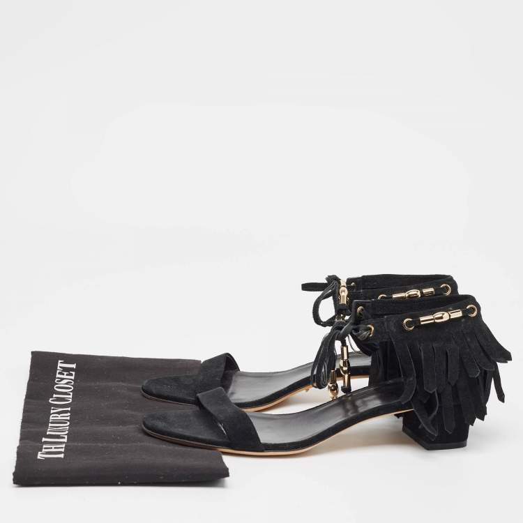 Pre Owned Gucci Black Suede Fringe Ankle Strap Sandals Size 39