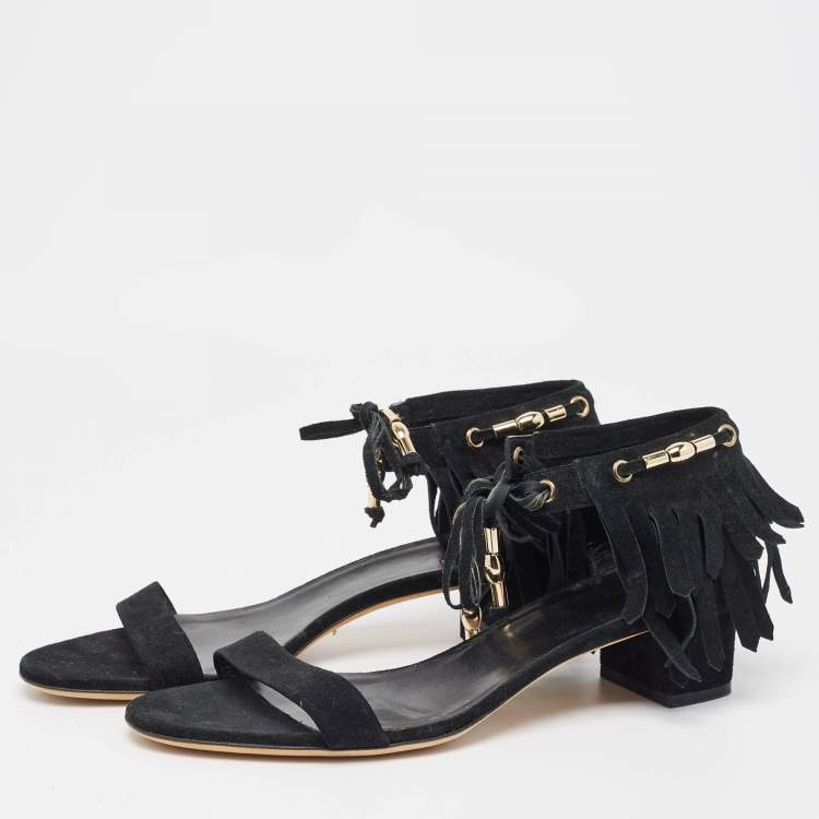 Pre Owned Gucci Black Suede Fringe Ankle Strap Sandals Size 39