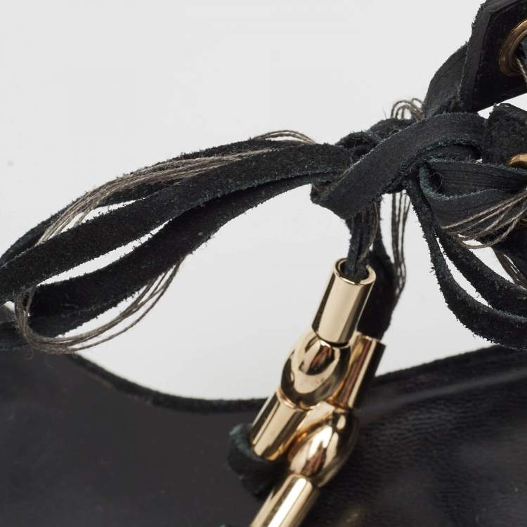 Pre Owned Gucci Black Suede Fringe Ankle Strap Sandals Size 39