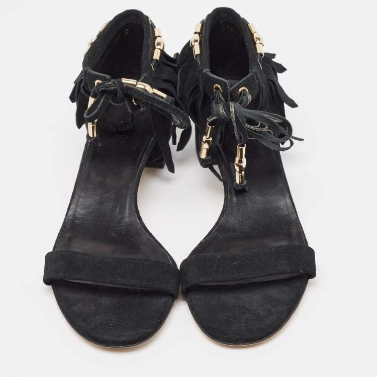 Pre Owned Gucci Black Suede Fringe Ankle Strap Sandals Size 39