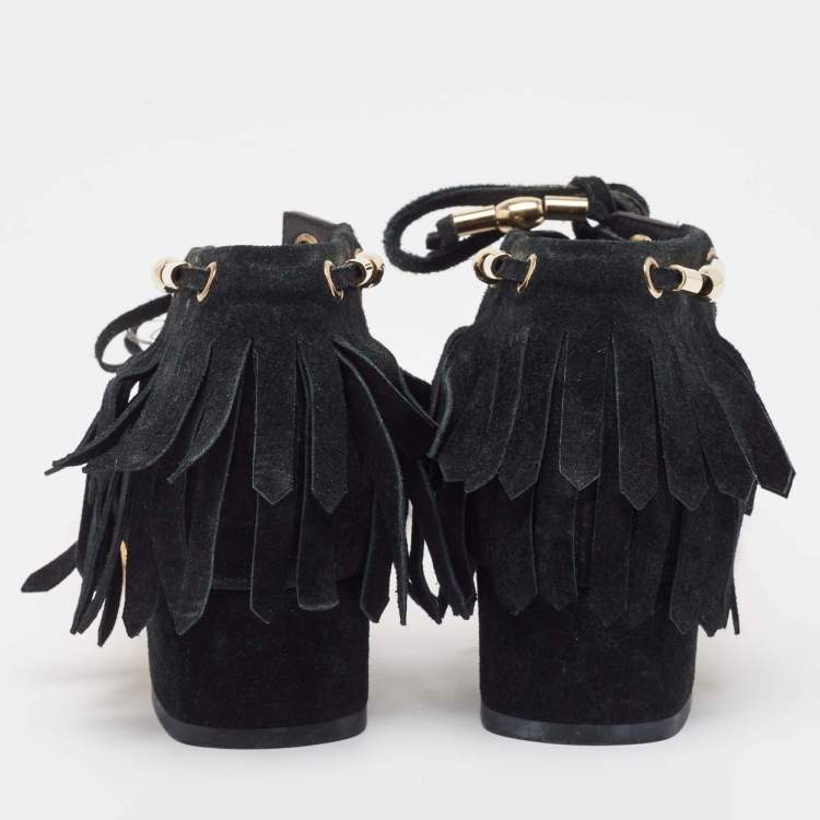 Pre Owned Gucci Black Suede Fringe Ankle Strap Sandals Size 39