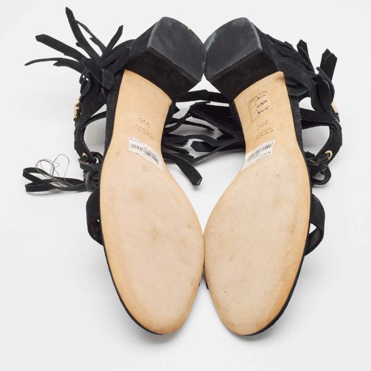 Pre Owned Gucci Black Suede Fringe Ankle Strap Sandals Size 39