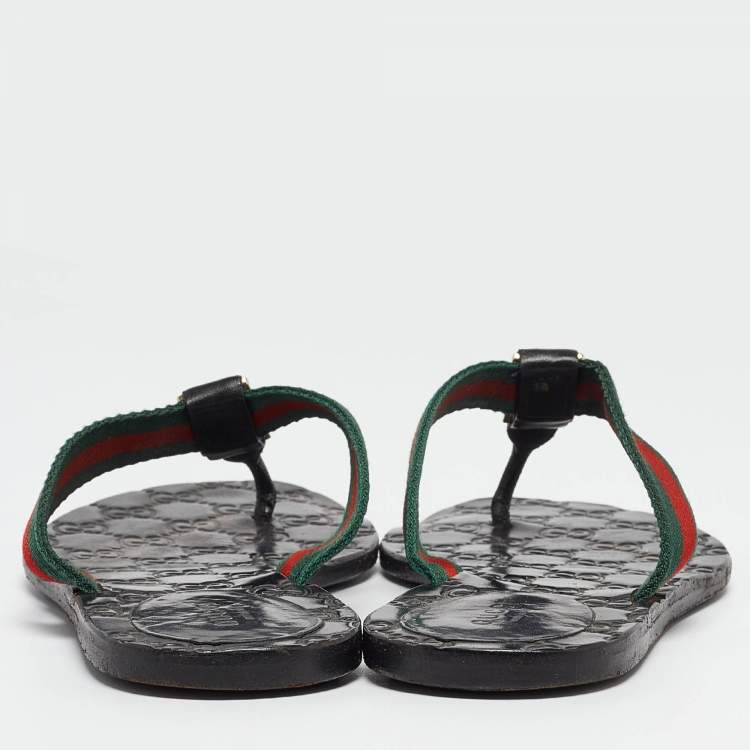 Pre Owned Gucci Tricolor Leather and Canvas Web Interlocking G Thong Flats Size 38