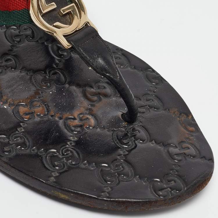 Pre Owned Gucci Tricolor Leather and Canvas Web Interlocking G Thong Flats Size 38