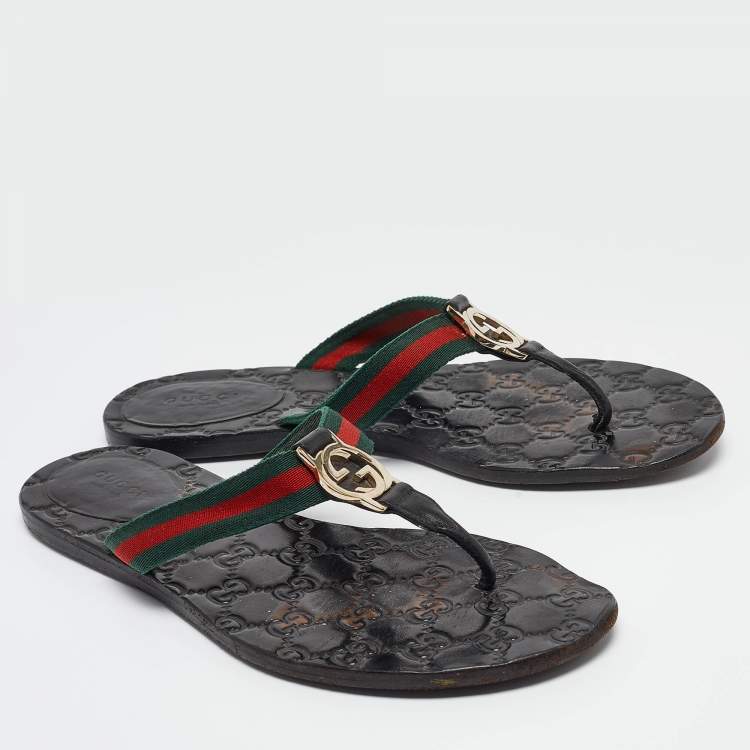 Pre Owned Gucci Tricolor Leather and Canvas Web Interlocking G Thong Flats Size 38