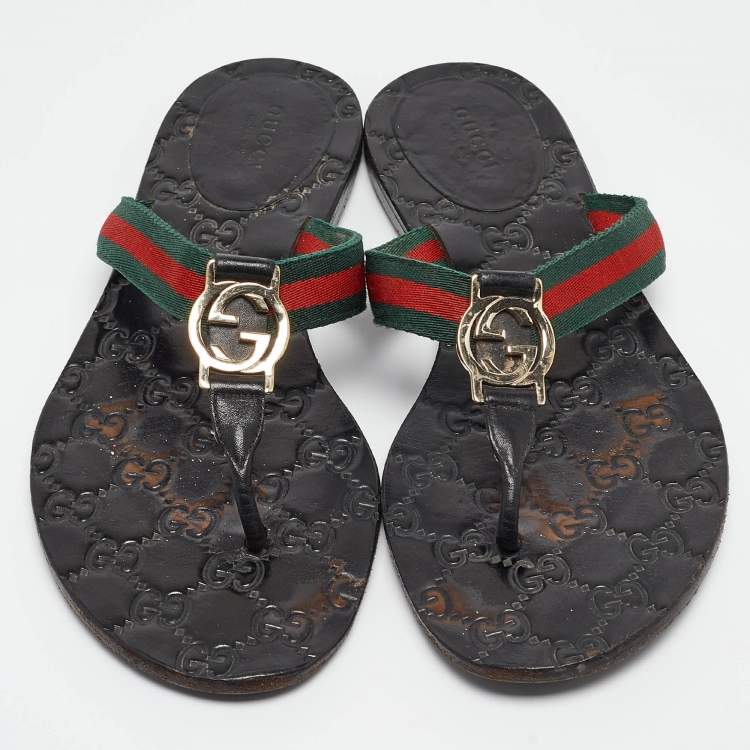 Pre Owned Gucci Tricolor Leather and Canvas Web Interlocking G Thong Flats Size 38