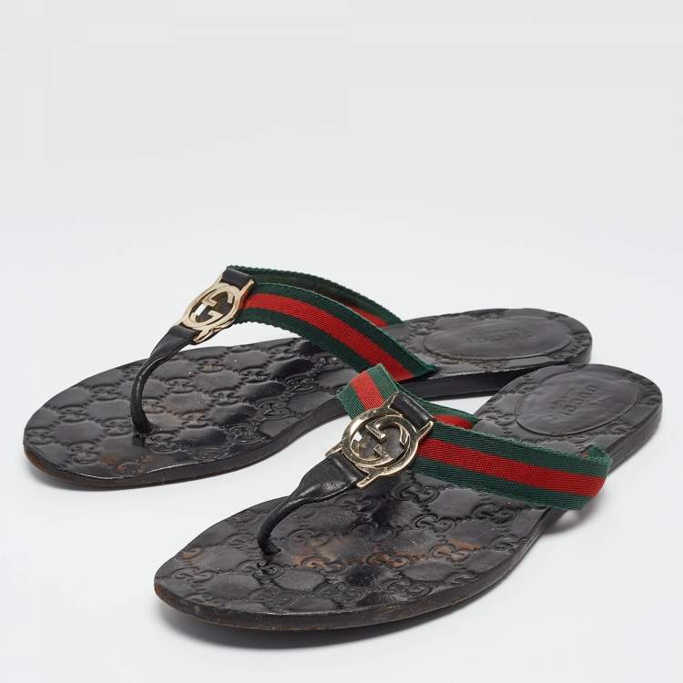 Pre Owned Gucci Tricolor Leather and Canvas Web Interlocking G Thong Flats Size 38