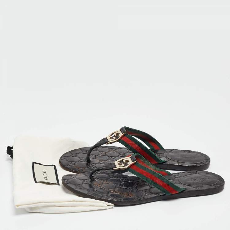 Pre Owned Gucci Tricolor Leather and Canvas Web Interlocking G Thong Flats Size 38