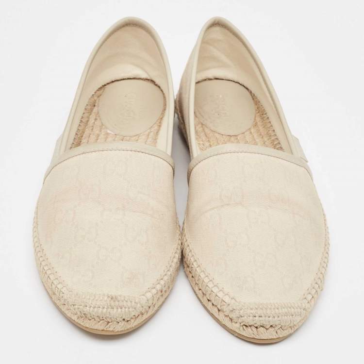 Pre Owned Gucci Grey Leather and GG Canvas Espadrille Flats Size 38.5