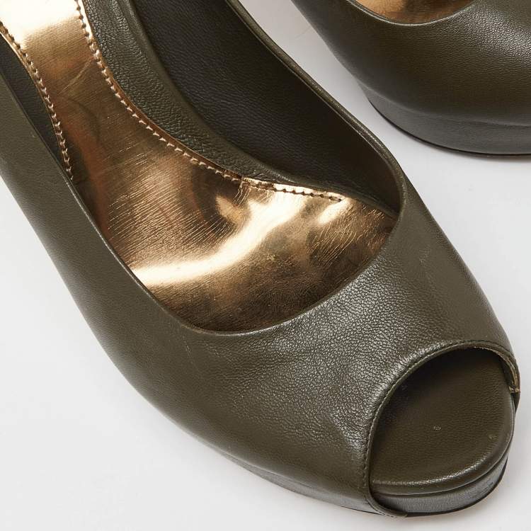 Pre Owned Gucci Olive Green Leather Peep Toe Platform Pumps Size 40.5