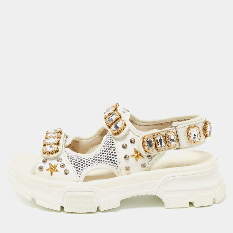 Pre Owned Gucci White/Grey Mesh and Leather Aguru Slingback Sandals Size 39