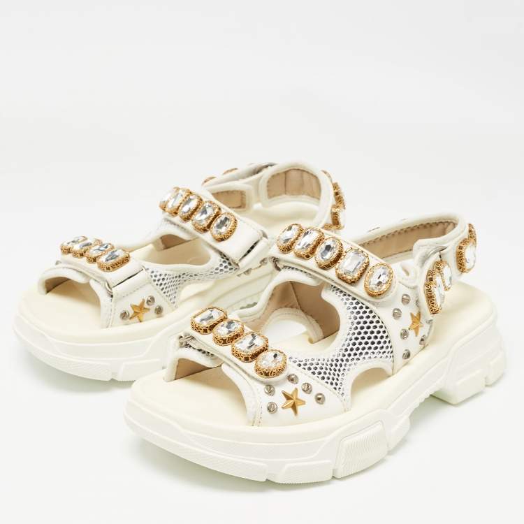 Pre Owned Gucci White/Grey Mesh and Leather Aguru Slingback Sandals Size 39