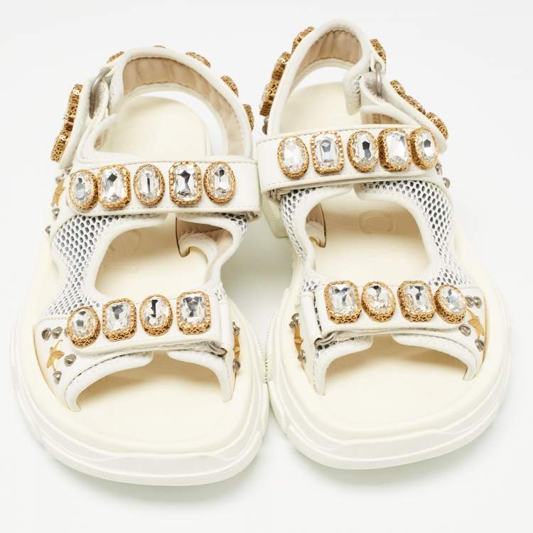 Pre Owned Gucci White/Grey Mesh and Leather Aguru Slingback Sandals Size 39