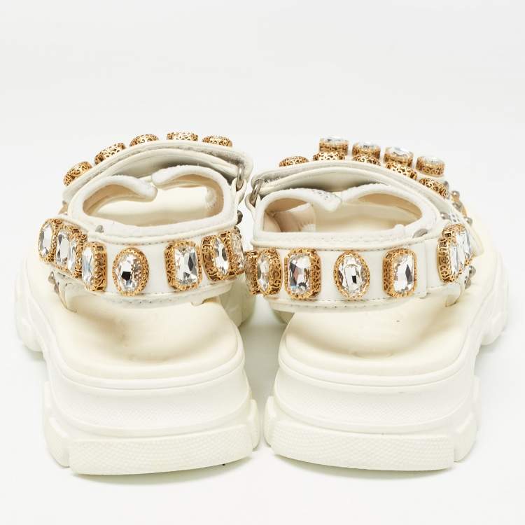 Pre Owned Gucci White/Grey Mesh and Leather Aguru Slingback Sandals Size 39