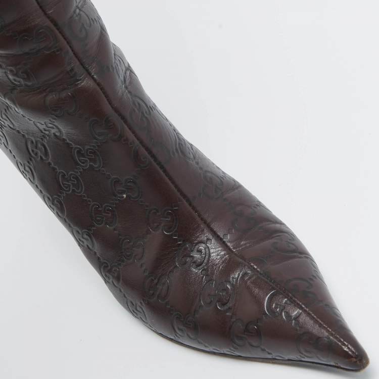 Pre Owned Gucci Brown Guccissima Leather Pointed Toe Knee Length Boots Size 40