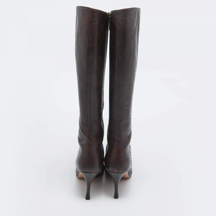 Pre Owned Gucci Brown Guccissima Leather Pointed Toe Knee Length Boots Size 40
