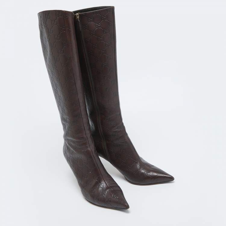 Pre Owned Gucci Brown Guccissima Leather Pointed Toe Knee Length Boots Size 40