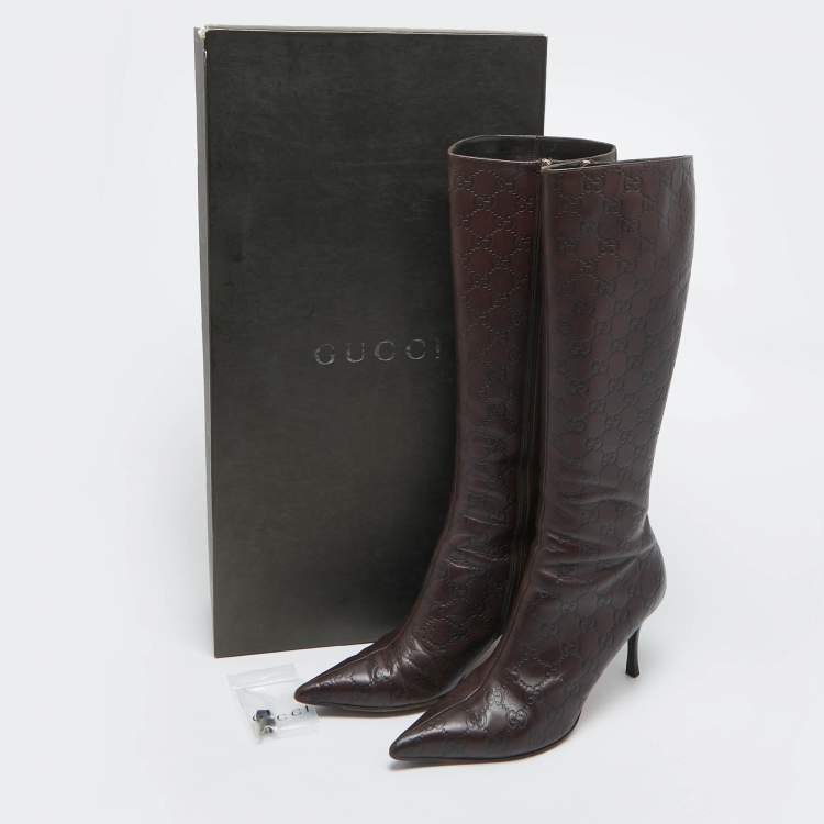 Pre Owned Gucci Brown Guccissima Leather Pointed Toe Knee Length Boots Size 40