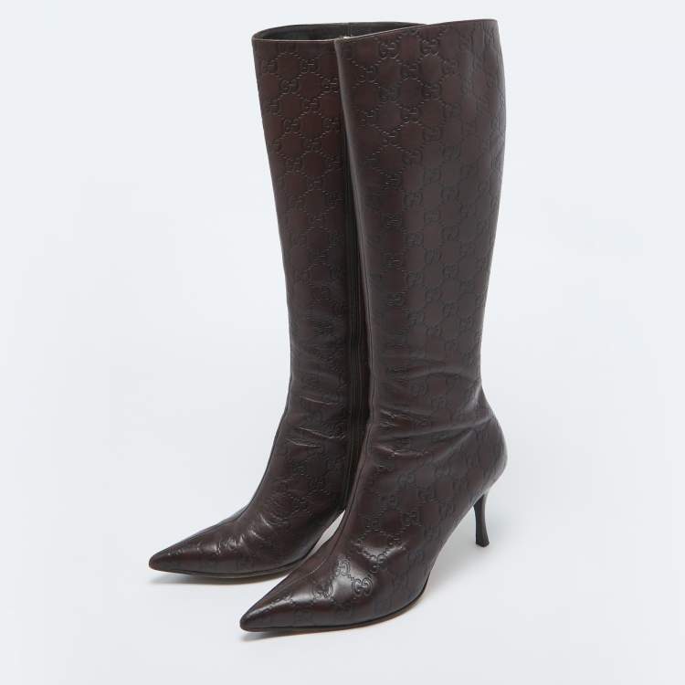 Pre Owned Gucci Brown Guccissima Leather Pointed Toe Knee Length Boots Size 40