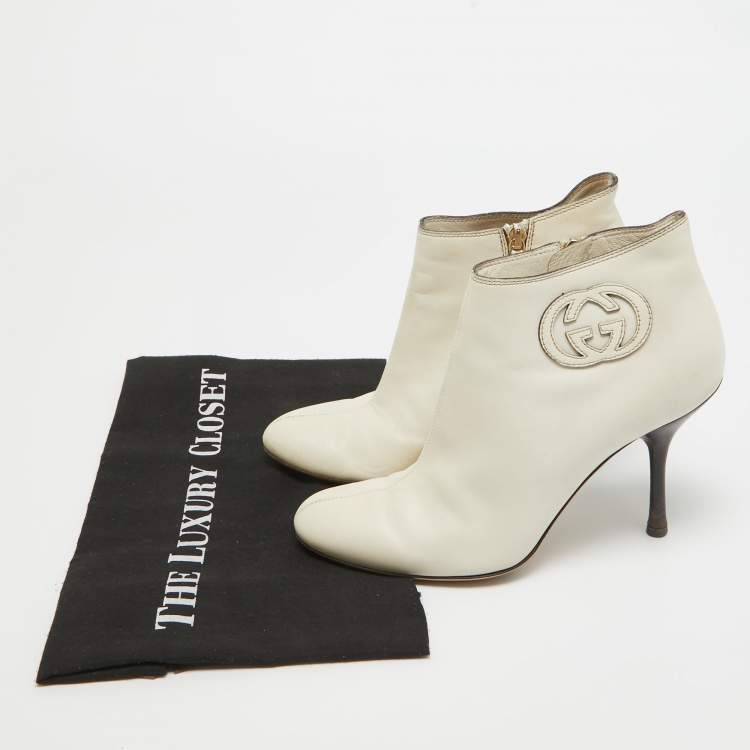 Pre Owned Gucci Cream Leather Interlocking GG Booties Size 37