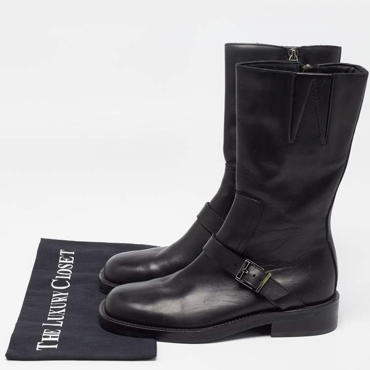 Pre Owned Gucci Black Leather Buckle Detail Mid Calf Boots Size 35.5