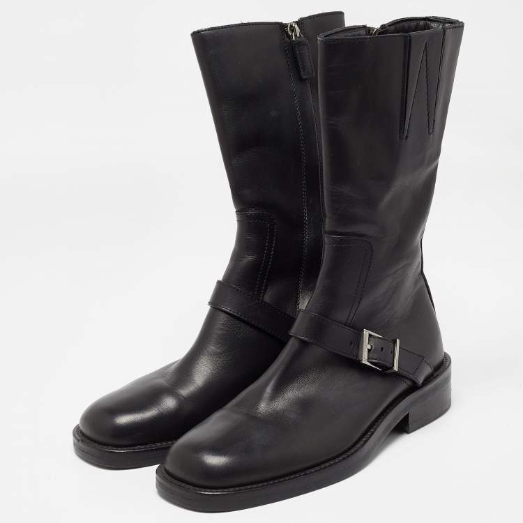Pre Owned Gucci Black Leather Buckle Detail Mid Calf Boots Size 35.5