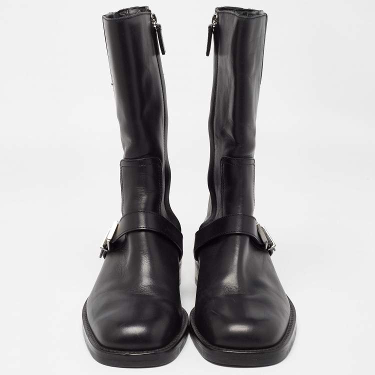 Pre Owned Gucci Black Leather Buckle Detail Mid Calf Boots Size 35.5