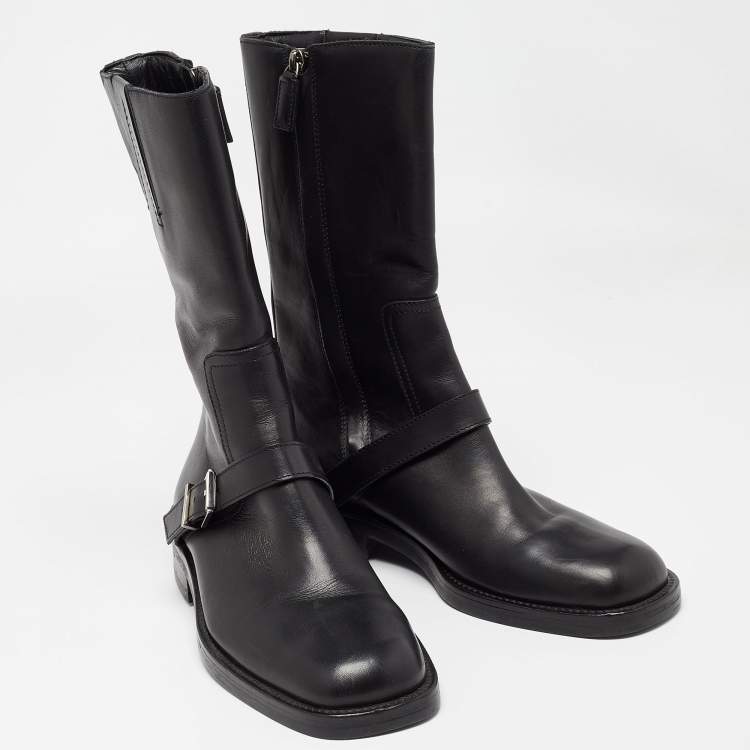 Pre Owned Gucci Black Leather Buckle Detail Mid Calf Boots Size 35.5