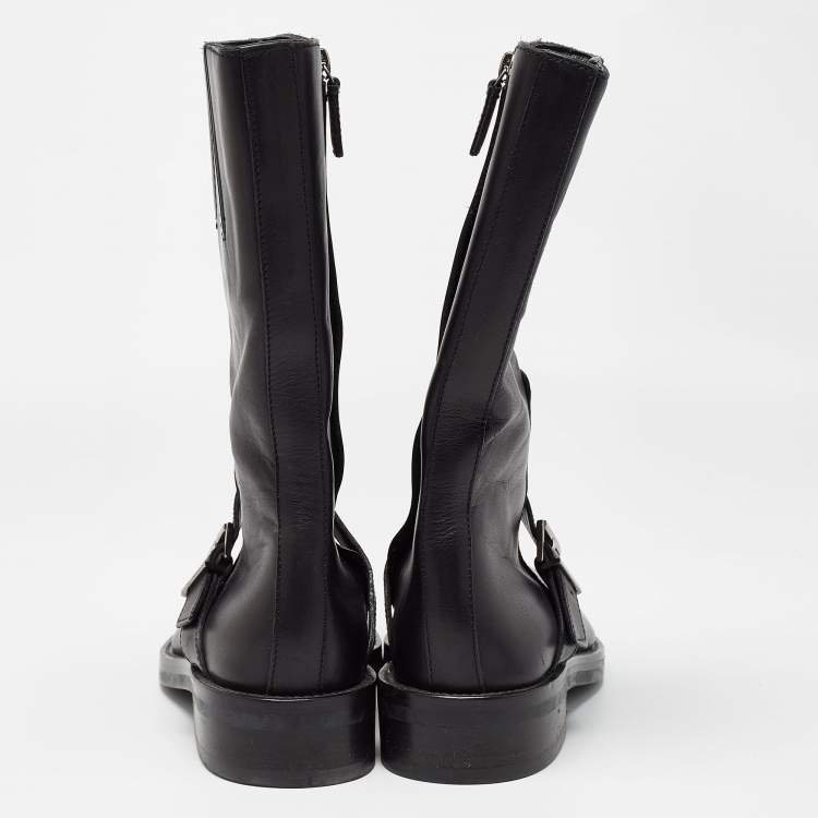 Pre Owned Gucci Black Leather Buckle Detail Mid Calf Boots Size 35.5