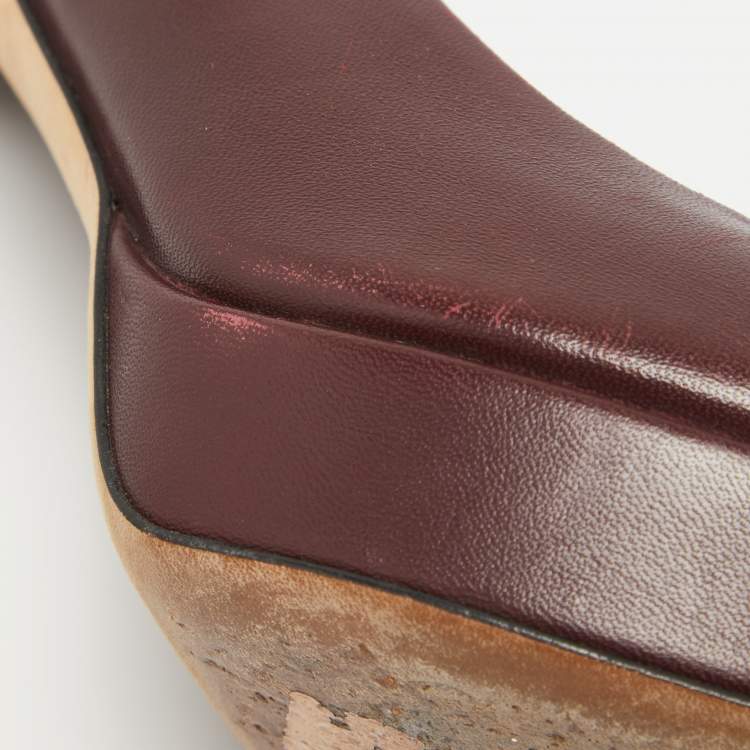 Pre Owned Gucci Burgundy Leather Horsebit Peep Toe Platform Pumps Size 36.5
