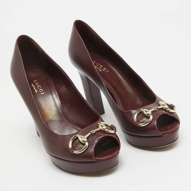 Pre Owned Gucci Burgundy Leather Horsebit Peep Toe Platform Pumps Size 36.5
