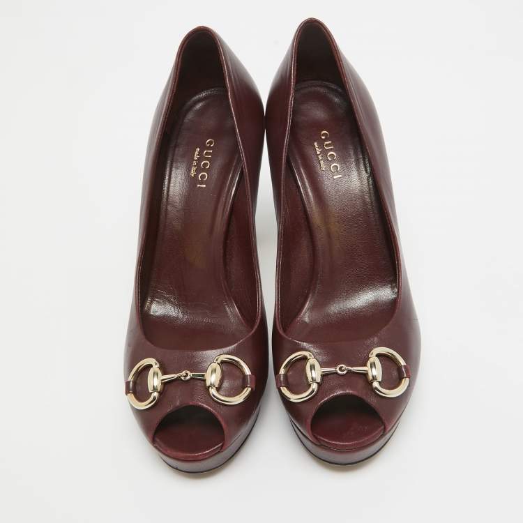 Pre Owned Gucci Burgundy Leather Horsebit Peep Toe Platform Pumps Size 36.5