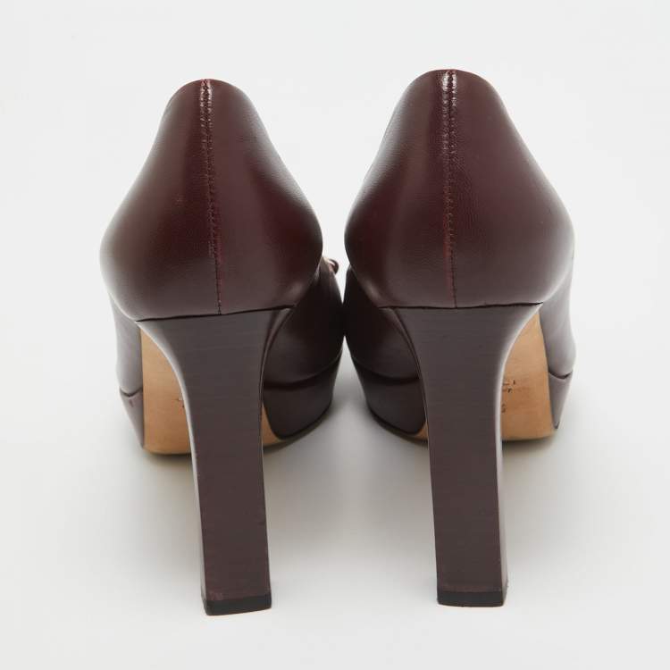 Pre Owned Gucci Burgundy Leather Horsebit Peep Toe Platform Pumps Size 36.5