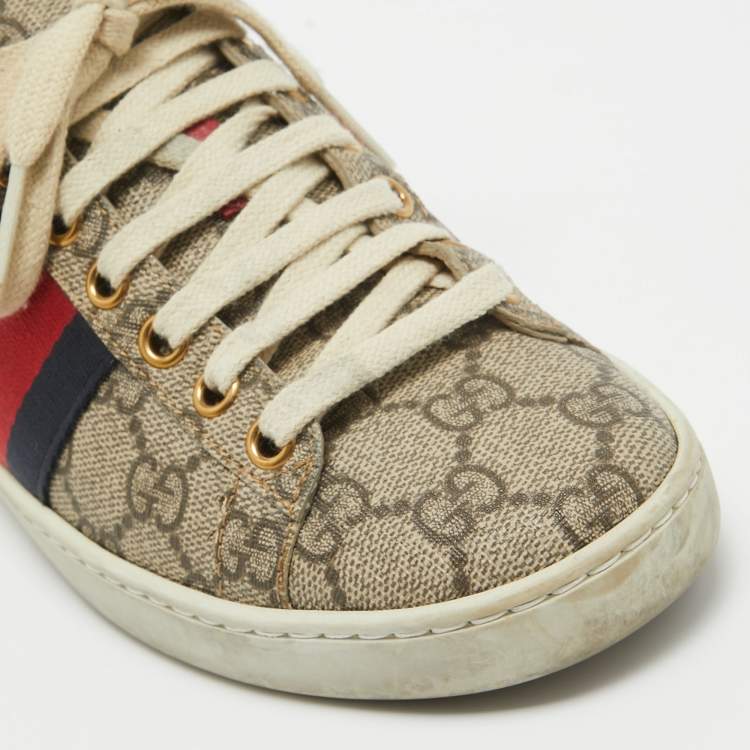 Pre Owned Gucci Beige/Brown GG Supreme Canvas Ace Sneakers Size 34