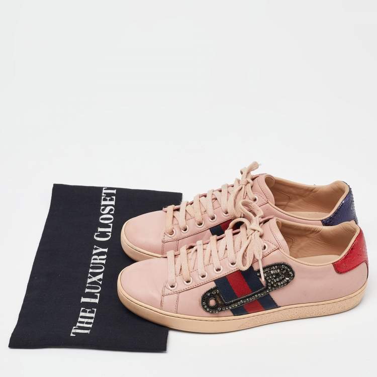 Pre Owned Gucci Pink Leather Ace Web Crystal Embellished Low Top Sneakers Size 36