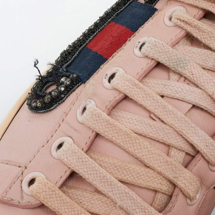 Pre Owned Gucci Pink Leather Ace Web Crystal Embellished Low Top Sneakers Size 36