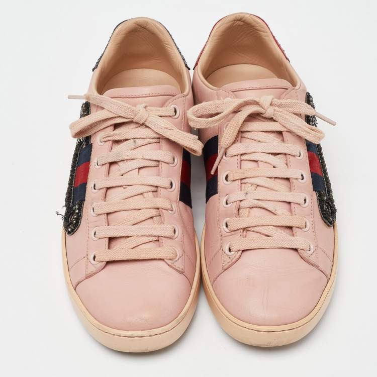 Pre Owned Gucci Pink Leather Ace Web Crystal Embellished Low Top Sneakers Size 36