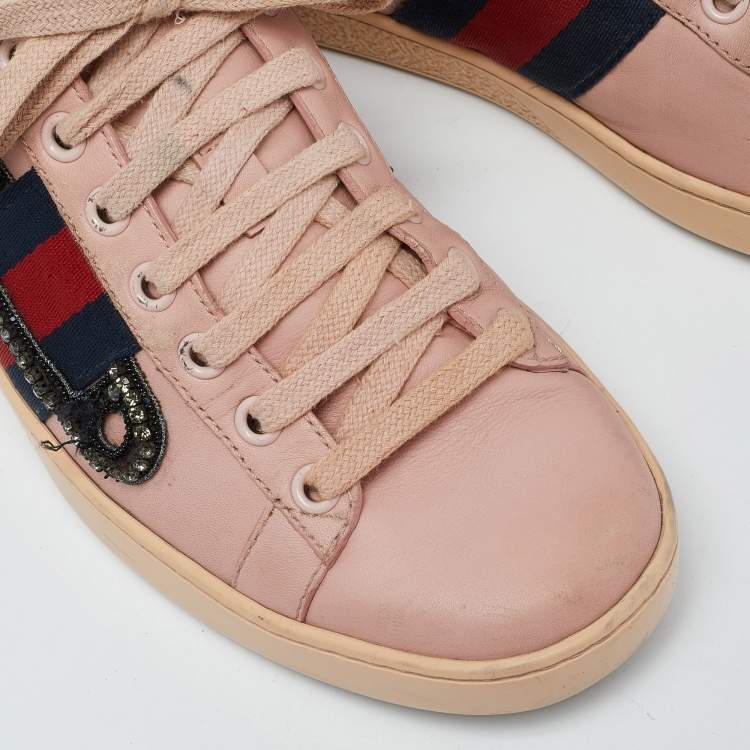 Pre Owned Gucci Pink Leather Ace Web Crystal Embellished Low Top Sneakers Size 36