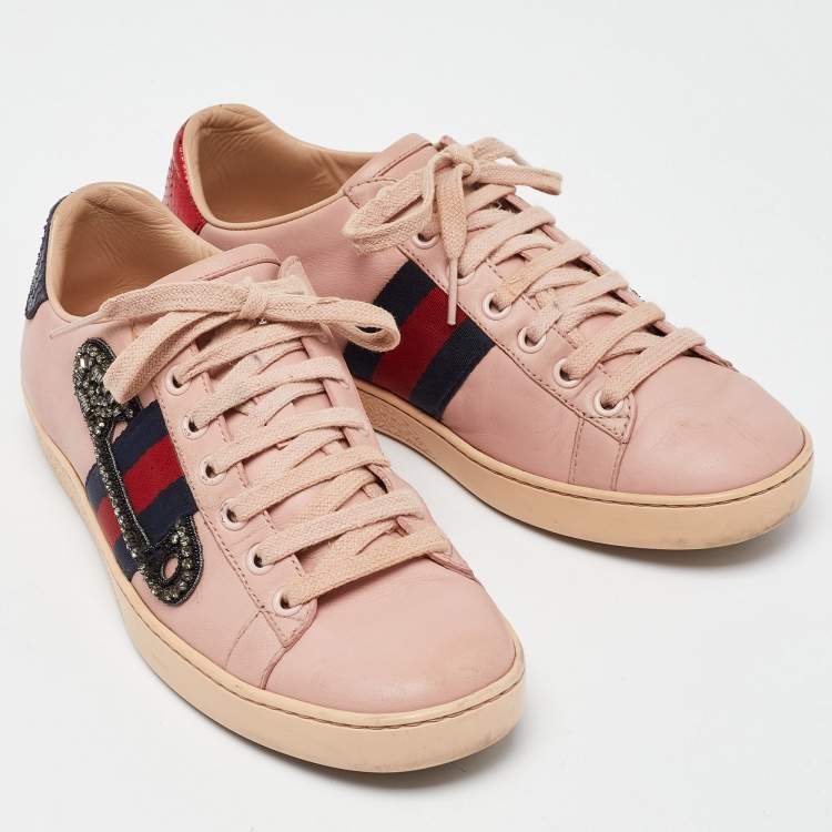 Pre Owned Gucci Pink Leather Ace Web Crystal Embellished Low Top Sneakers Size 36