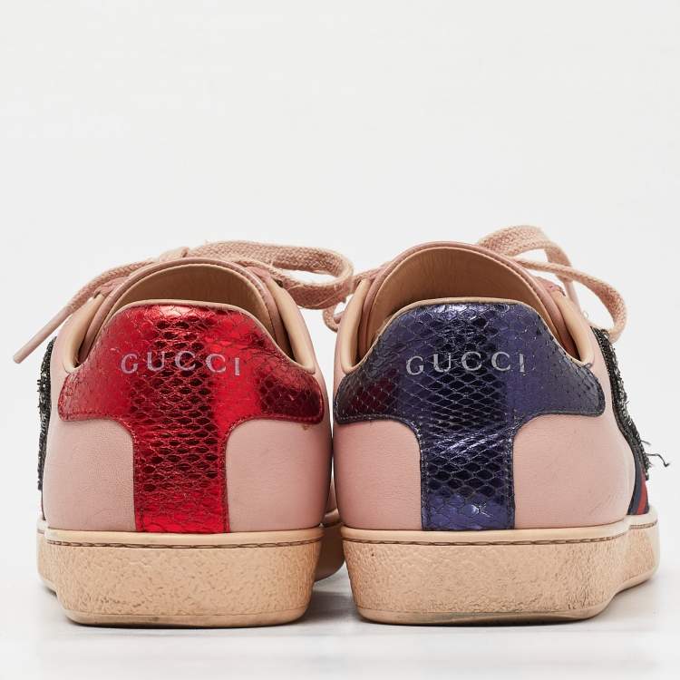 Pre Owned Gucci Pink Leather Ace Web Crystal Embellished Low Top Sneakers Size 36