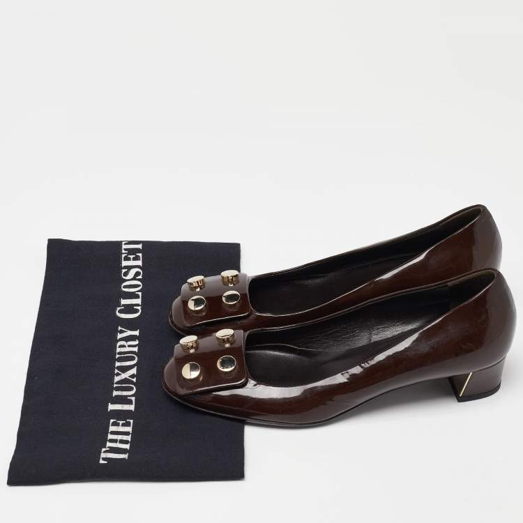 Pre Owned Gucci Brown Patent Leather Block Heel Pumps Size 35.5
