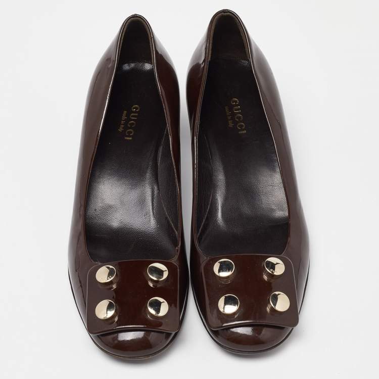 Pre Owned Gucci Brown Patent Leather Block Heel Pumps Size 35.5