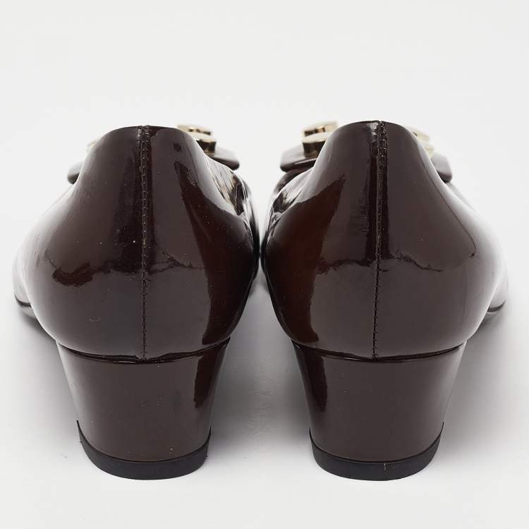 Pre Owned Gucci Brown Patent Leather Block Heel Pumps Size 35.5
