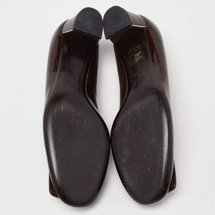 Pre Owned Gucci Brown Patent Leather Block Heel Pumps Size 35.5