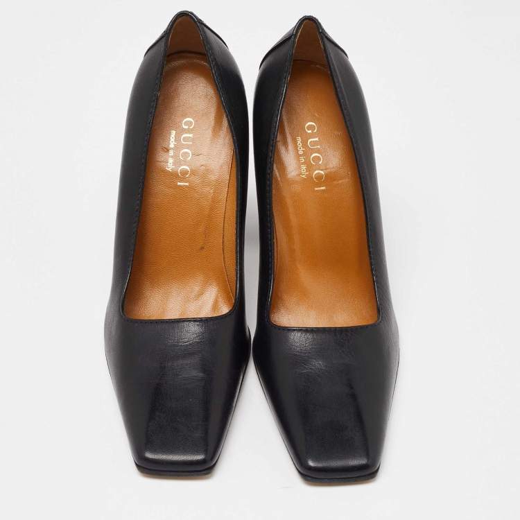 Pre Owned Gucci Black Leather Sqaure Toe Block Heel Pumps Size 38