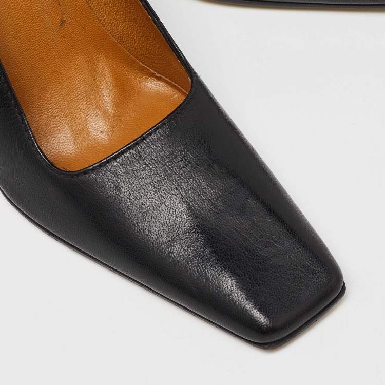 Pre Owned Gucci Black Leather Sqaure Toe Block Heel Pumps Size 38