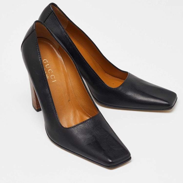 Pre Owned Gucci Black Leather Sqaure Toe Block Heel Pumps Size 38