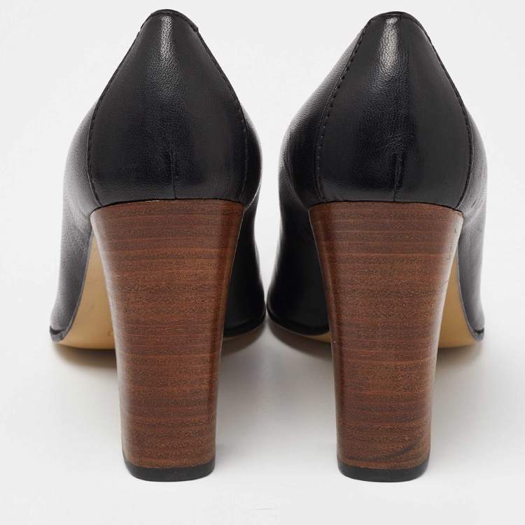 Pre Owned Gucci Black Leather Sqaure Toe Block Heel Pumps Size 38