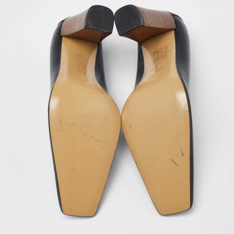 Pre Owned Gucci Black Leather Sqaure Toe Block Heel Pumps Size 38